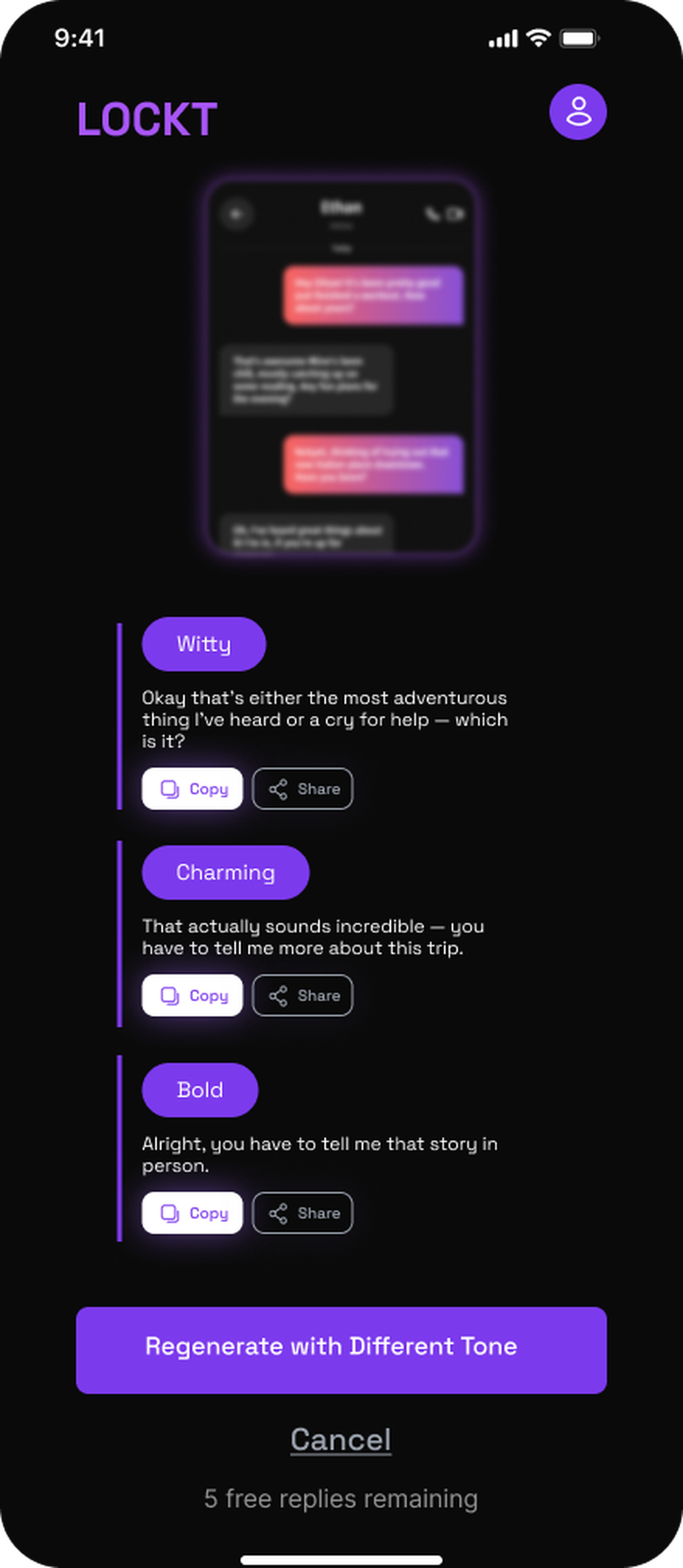 Lockt reply suggestions — Witty, Charming, Bold